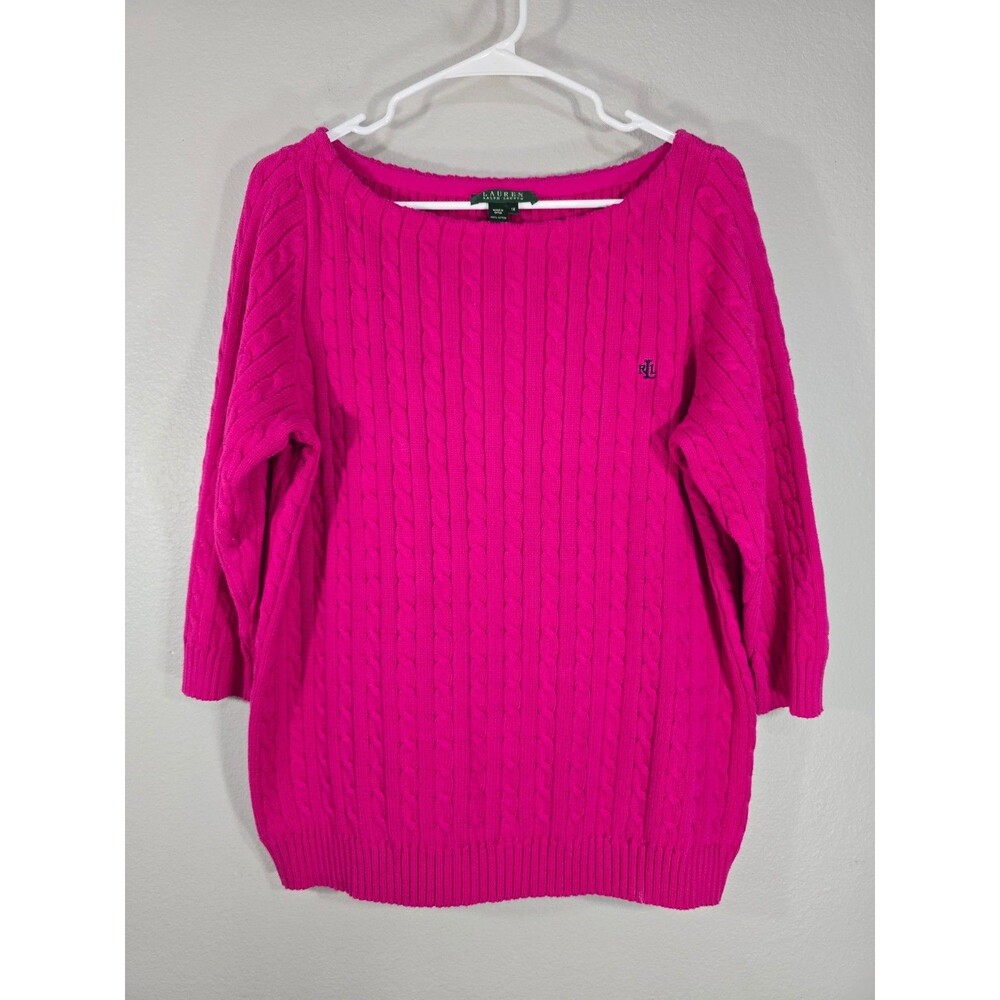 Lauren Ralph Lauren Size 1x Pink Cable-Knit Cotton Wide Neck Sweater Preppy BP
